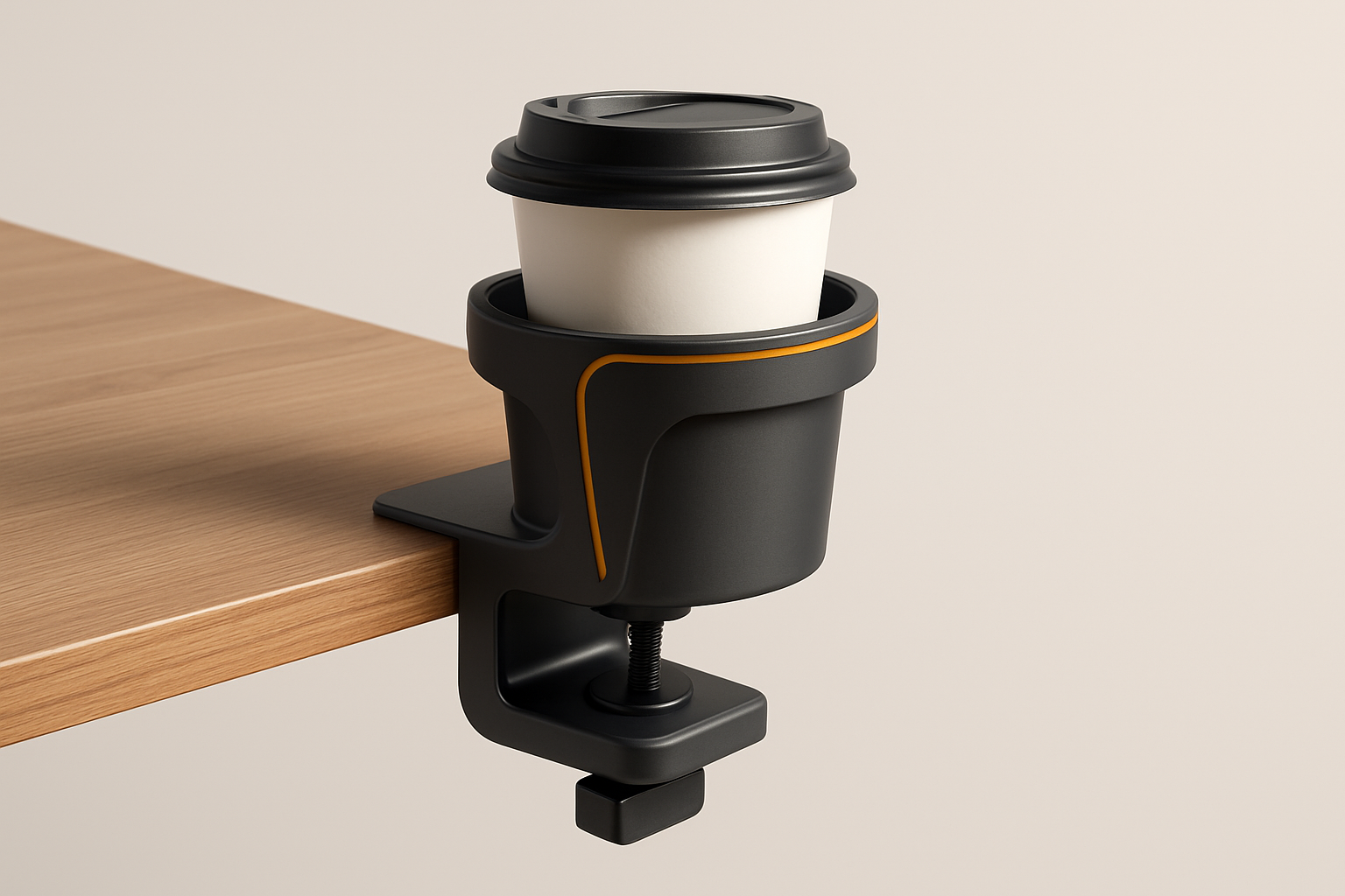 CupHolderMaxi concept render clamped to a desk holding a coffee cup